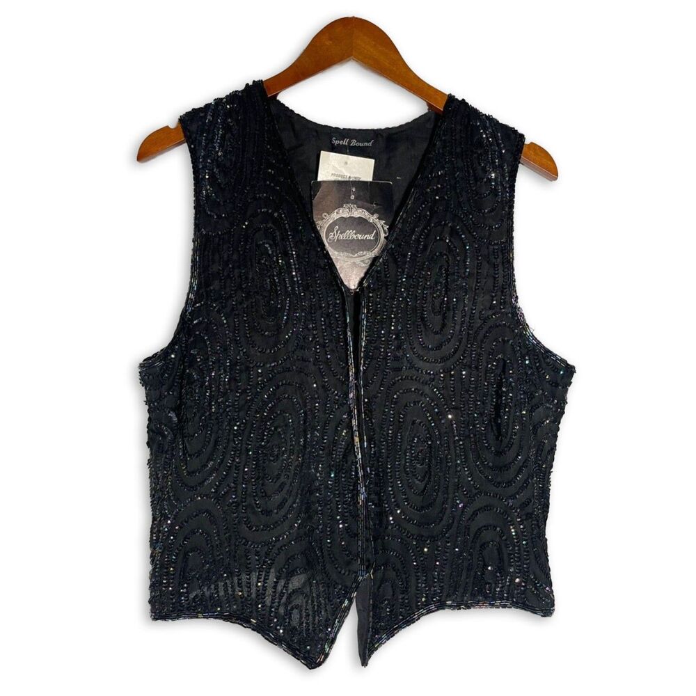 Vintage Black Sequin Vest Spell Bound Cropped Retro 80s 90s NOS NWT Size M